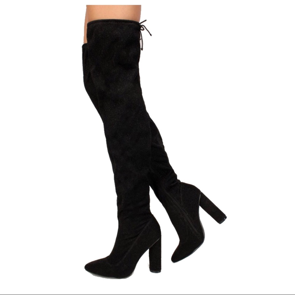 Black Shimmer Thigh High Boots - Picture 2 of 6